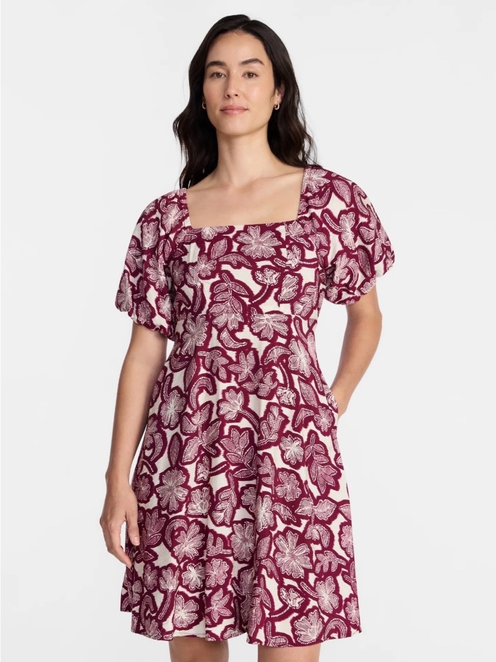 Time & True Square Neck Puff Sleeve Floral Dress in Burgundy and Cream